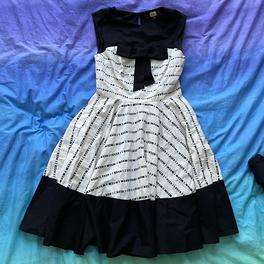 Eva Franco Fit and flare pussybow dress polka dot